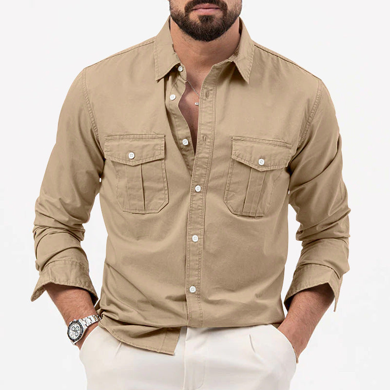 Men's Shirt Multi-pocket Solid Color Casual Long Sleeves Top