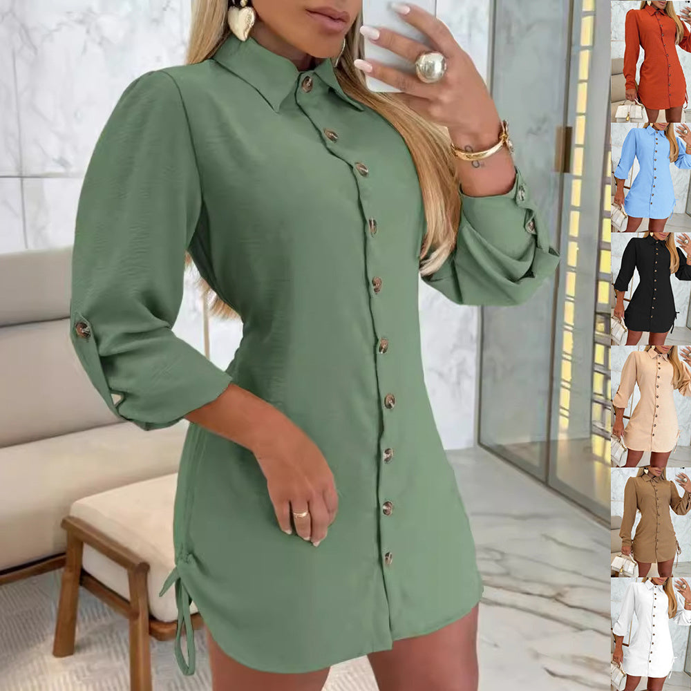 Lapel Button Dress With Drawstring Design Fashion Solid Color Long Sleeve Shirt Dresses Women's Clothing