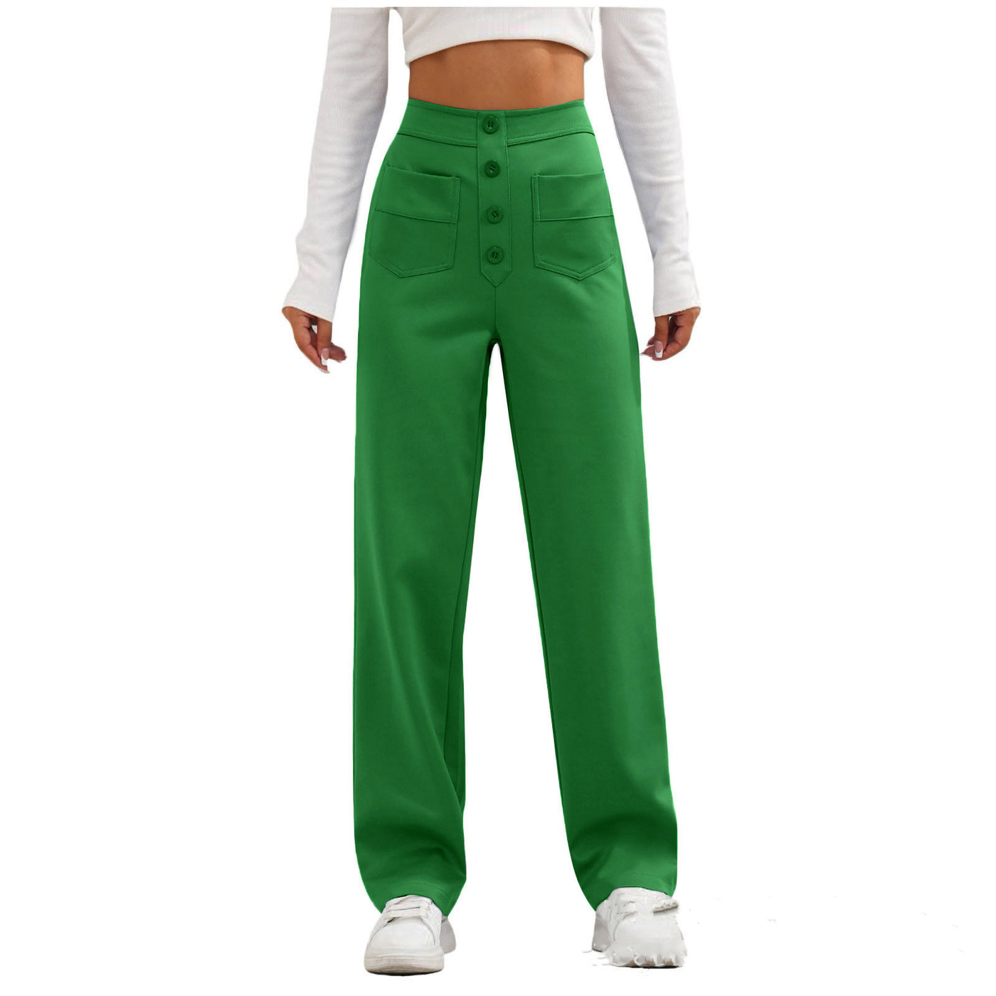 High Waist Trousers With Pockets Casual Loose Wide Leg Button Straight Pants Women's Clothing