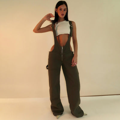 Y2K Zipper Denim Overalls With Pockets Fashion Loose Suspender Jumpsuit Streetwear Jeans Pants Womens Clothing