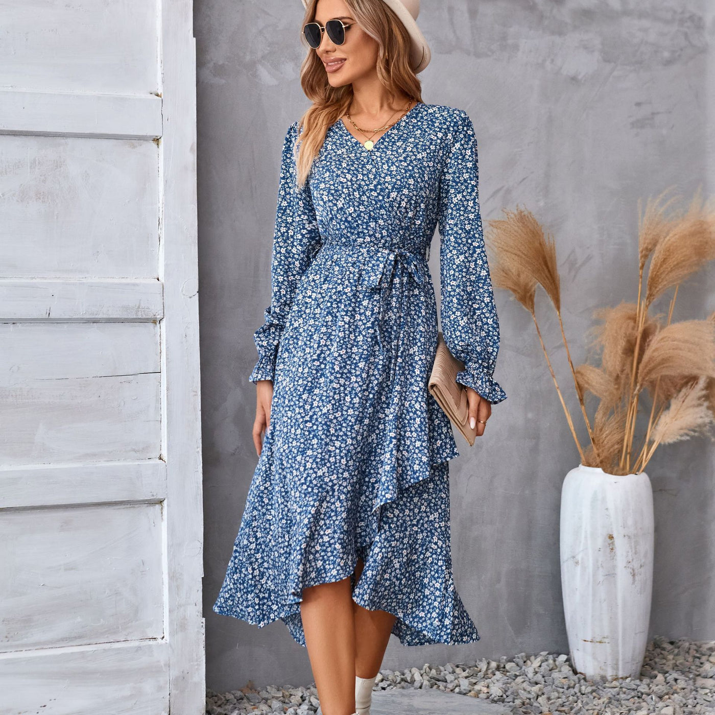 Flowers Print Long Sleeve Dress Fashion Ruffled Commuter Temperament Dresses Womens Clothing