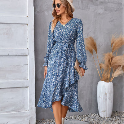 Flowers Print Long Sleeve Dress Fashion Ruffled Commuter Temperament Dresses Womens Clothing