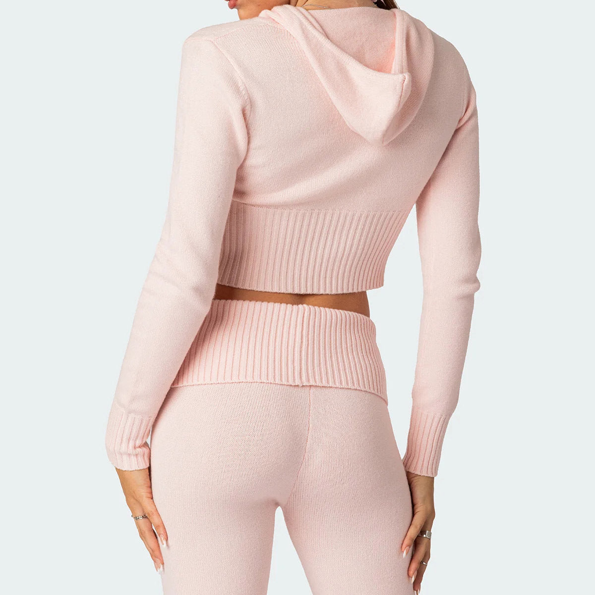 Fashion Knitted Hooded Suit Long Sleeve Zipper Cropped Top And Slim Flared Pants Trousers Solid Outfits Women's Clothing