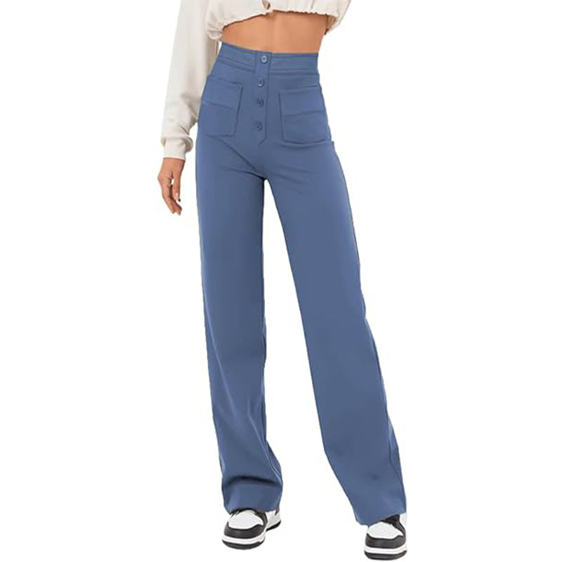 High Waist Trousers With Pockets Casual Loose Wide Leg Button Straight Pants Women's Clothing