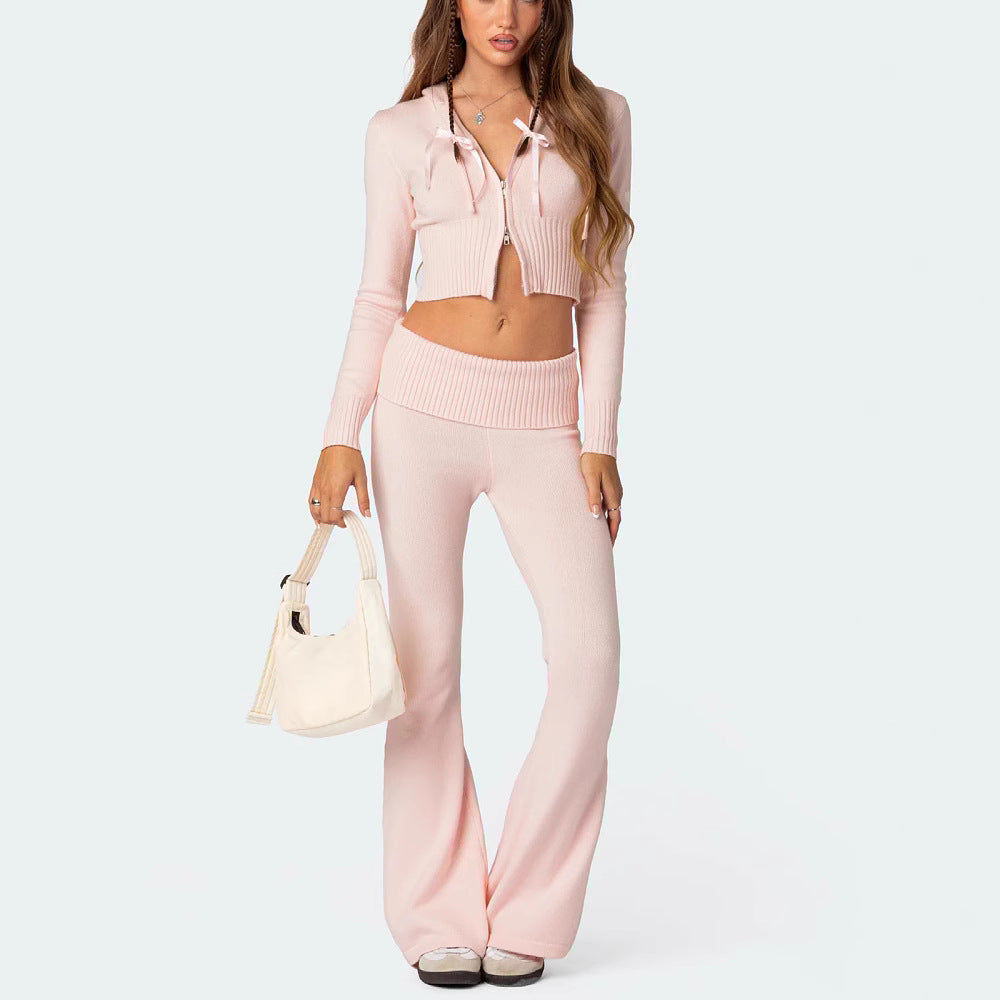 Fashion Knitted Hooded Suit Long Sleeve Zipper Cropped Top And Slim Flared Pants Trousers Solid Outfits Women's Clothing