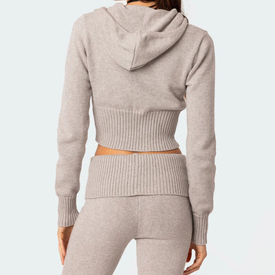 Fashion Knitted Hooded Suit Long Sleeve Zipper Cropped Top And Slim Flared Pants Trousers Solid Outfits Women's Clothing