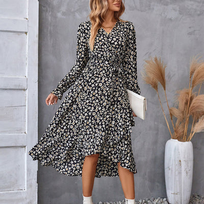 Flowers Print Long Sleeve Dress Fashion Ruffled Commuter Temperament Dresses Womens Clothing