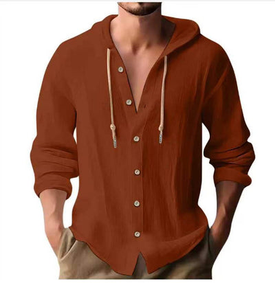 Cotton And Linen Shirt Hooded Sweater Button Long Sleeve